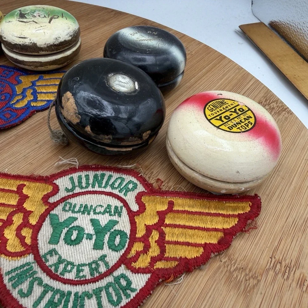 VTG  Duncan Yo-Yo Collection Lot 1950's wood Tournament Memorabilia Patches book